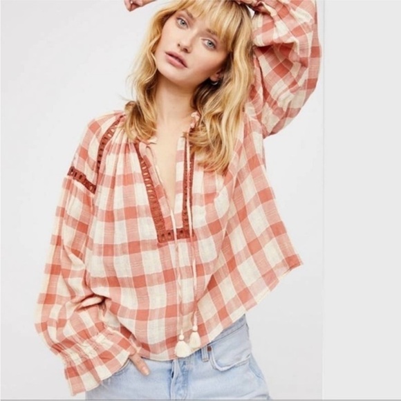 Free People Honey Grove Plaid Top Pink - Picture 1 of 8
